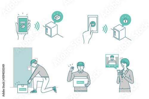 IoT：スマホを使った宅配ボックスのシンプルなイラストセット（スマートホーム）