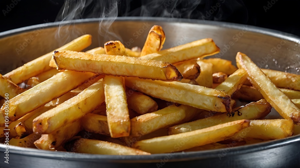 A close-up of freshly fried, golden-brown french fries steaming in a pan. A close-up of freshly fried, golden-brown french fries steaming in a pan.