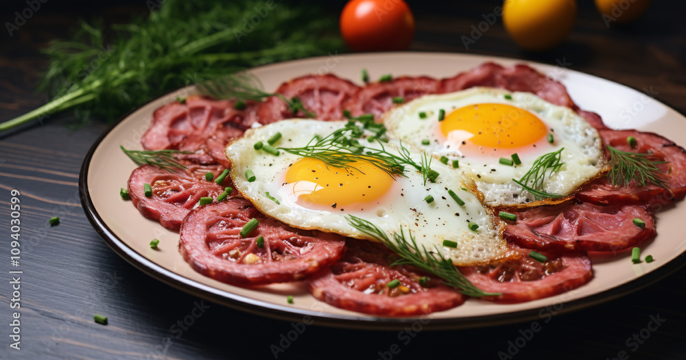 Delicious plate of heart-shaped fried eggs on a bed of sliced tomatoes garnished with fresh herbs and colorful vegetables Delicious plate of heart-shaped fried eggs on a bed of sliced tomatoes garnished with fresh herbs and colorful vegetables