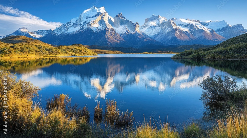 Serene mountain landscape reflecting in a calm lake under a clear blue sky. Serene mountain landscape reflecting in a calm lake under a clear blue sky.