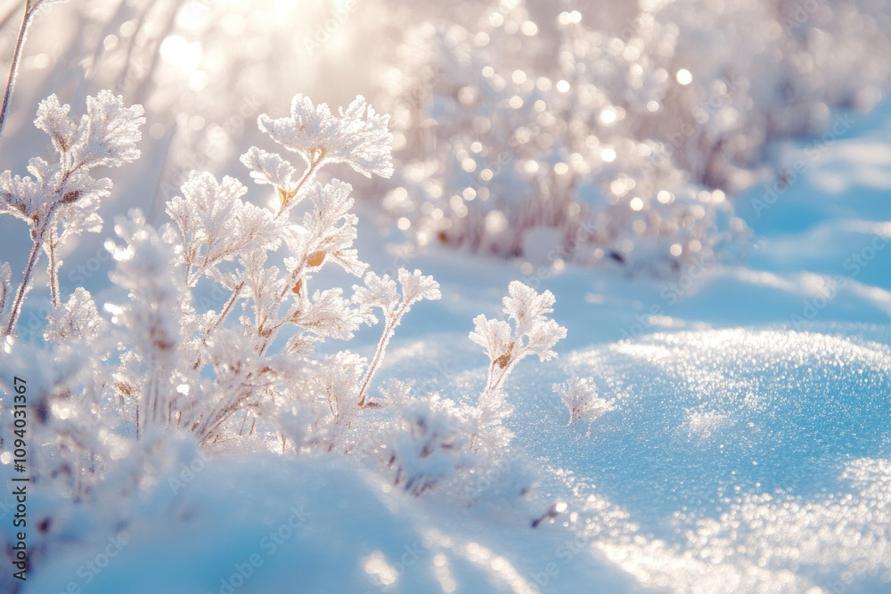 A close-up of a snowy winter landscape. In the foreground, thin branches of plants covered with frost and snow are visible, shimmering in the rays of soft sunlight. A close-up of a snowy winter landscape. In the foreground, thin branches of plants covered with frost and snow are visible, shimmering in the rays of soft sunlight.