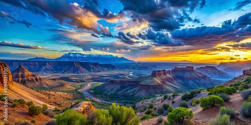 Stunning Panoramic View of the Blue Utah Landscape at Dusk with Majestic Mountains and Vibrant Sky, Perfect for Nature Lovers and Travel Enthusiasts Exploring Scenic Destinations