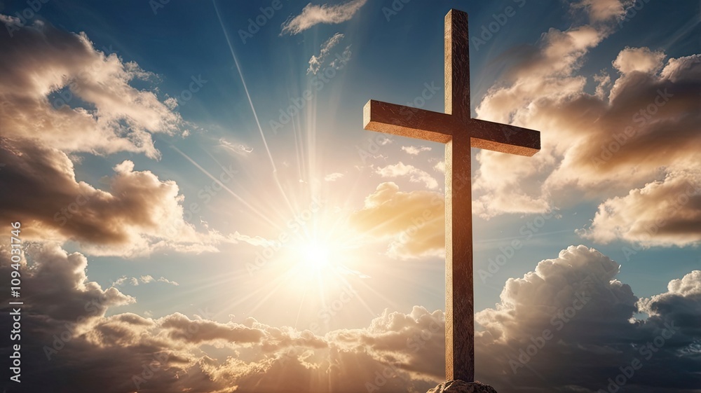 Christian cross appears bright in the sky background and soft clouds. with the light shining as Love. hope and freedom of God Jesus, ai Christian cross appears bright in the sky background and soft clouds. with the light shining as Love. hope and freedom of God Jesus, ai