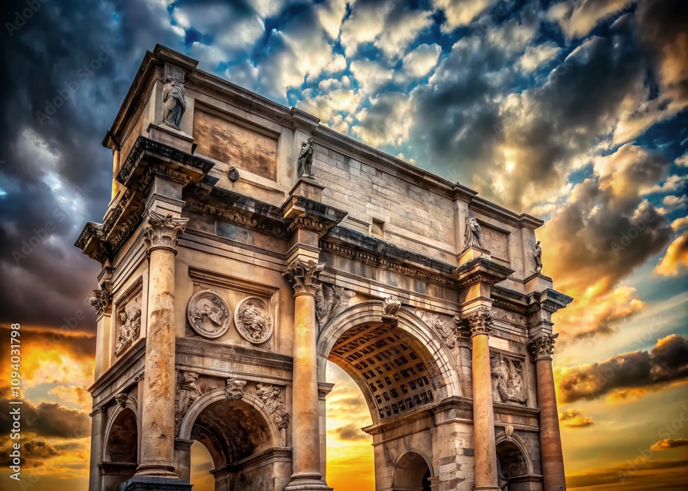 Obraz premium Stunning Portrait of the Arch of Trajan Under Dramatic Cloudy Skies, Capturing Rich Historical Details and Atmospheric Effects for Architectural Photography Enthusiasts