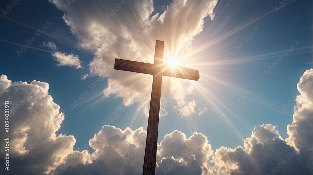 Christian cross appears bright in the sky background and soft clouds. with the light shining as Love. hope and freedom of God Jesus, ai Christian cross appears bright in the sky background and soft clouds. with the light shining as Love. hope and freedom of God Jesus, ai