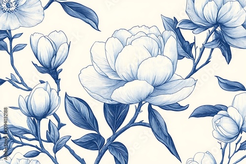 Blue and White Floral Toile de Jouy Pattern with Peonies and Magnolia Blossoms on an Off-White Seamless Wallpaper Design  

