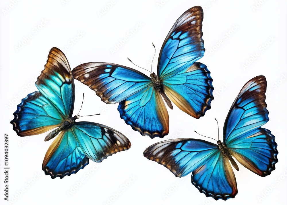 Stunning Product Photography of Three Tropical Ulysses Butterflies in Flight with Wings Spread Against a Clean White Background for Nature and Wildlife Enthusiasts Stunning Product Photography of Three Tropical Ulysses Butterflies in Flight with Wings Spread Against a Clean White Background for Nature and Wildlife Enthusiasts