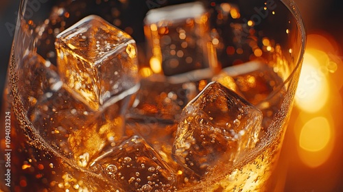 A cinematic close-up of crystal-clear ice cubes in a glass of sparkling water, lit to highlight the cubes' intricate details, with refreshing bubbles rising.