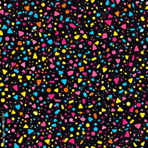 Seamless pattern of confetti shapes like triangles, stars, and circles in neon colors on a dark background