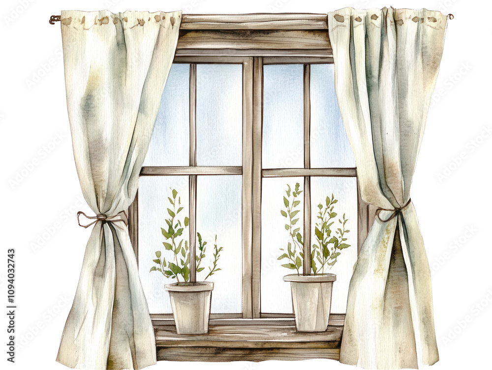 Cozy Window with Green Plants and Soft Curtains Cozy Window with Green Plants and Soft Curtains