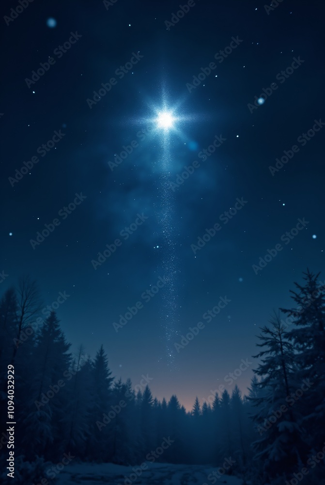 Fototapeta premium Bright shining Star of Bethlehem on dark blue starry night sky. Star of Jesus, Christmas Star. Nativity of Jesus Christ, birth of Jesus, Christmas Eve. Christian religion concept