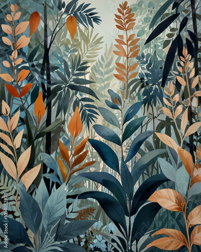 This tropical plant illustration features vibrant colors and intricate patterns.