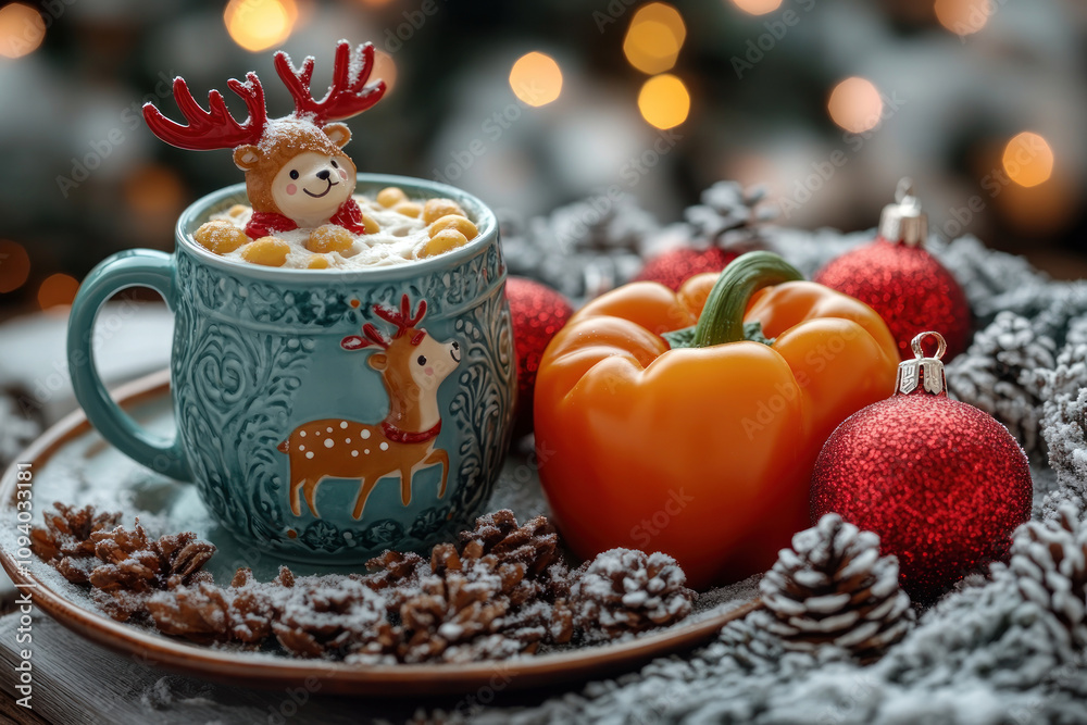 a bright festive composition with a mug of hot drink with a figurine of a reindeer in the form of a cute bear with red horns, surrounded by Christmas decorations. I a bright festive composition with a mug of hot drink with a figurine of a reindeer in the form of a cute bear with red horns, surrounded by Christmas decorations. I
