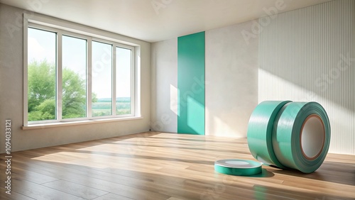 Sunlight streams into an empty room with teal accent wall, showcasing rolls of painter's tape on light wood floor