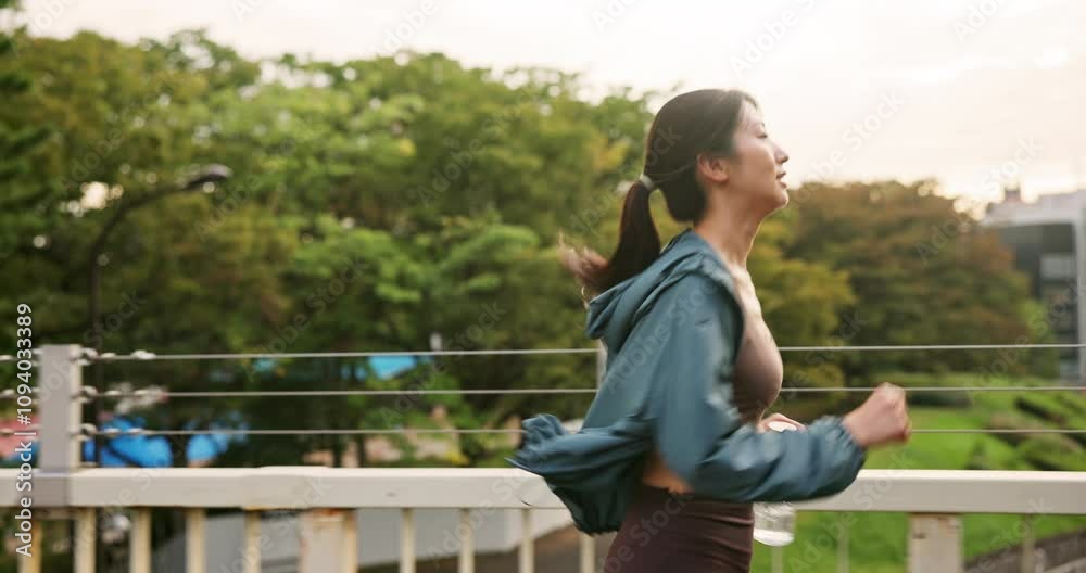 Fitness, exercise and Japanese woman on bridge training for race, marathon or challenge running. Sports, water and female athlete with energy for outdoor cardio workout with health and wellness. Fitness, exercise and Japanese woman on bridge training for race, marathon or challenge running. Sports, water and female athlete with energy for outdoor cardio workout with health and wellness.