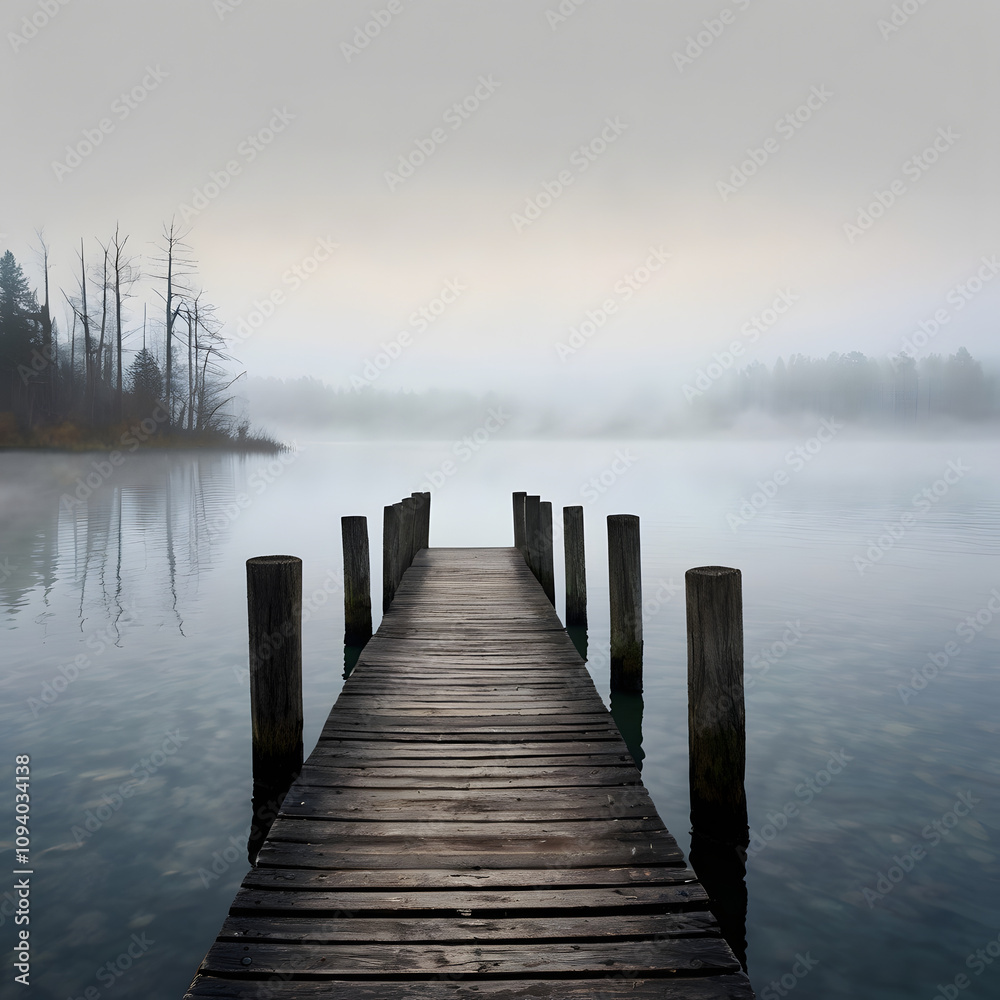Fototapeta premium Time-Worn Wooden Pier Over a Foggy Lake