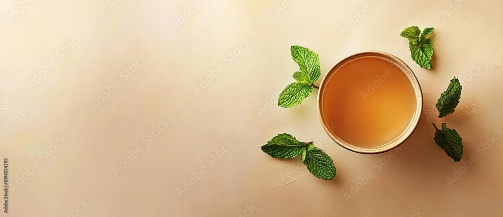 A refreshing glass of herbal tea surrounded by mint leaves on a soft background. A refreshing glass of herbal tea surrounded by mint leaves on a soft background.