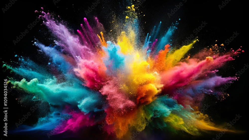 Vibrant Rainbow Powder Explosion on Black Background A Stunning Visual of Colorful Dust Particles in Motion