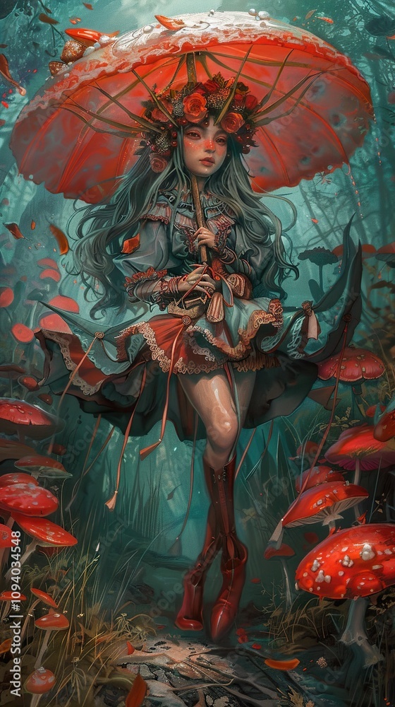 Enchanted Forest Fantasy: A Young Woman with Red Boots and Umbrella in a Dreamlike Setting Enchanted Forest Fantasy: A Young Woman with Red Boots and Umbrella in a Dreamlike Setting