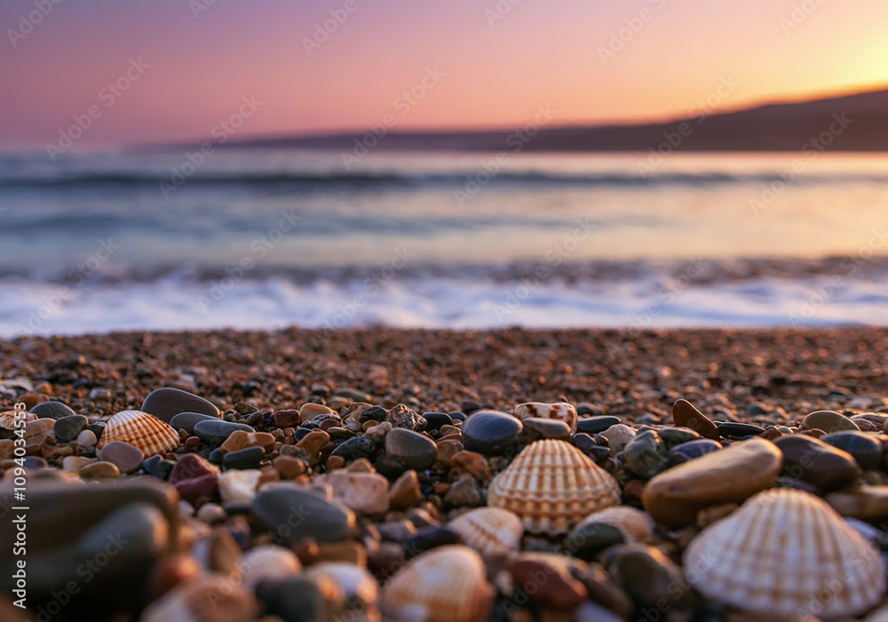 Sunset Beach with Colorful Pebbles & Seashells Sunset Beach with Colorful Pebbles & Seashells