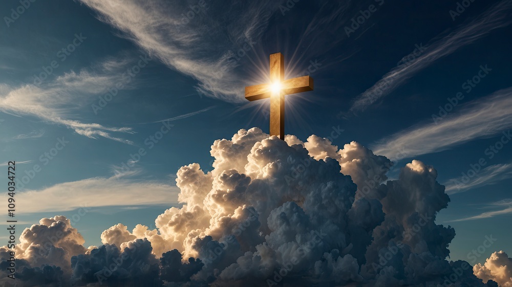 Obraz premium religious cross over cumulus clouds illuminated by the rays of holy radiance, concept, ai