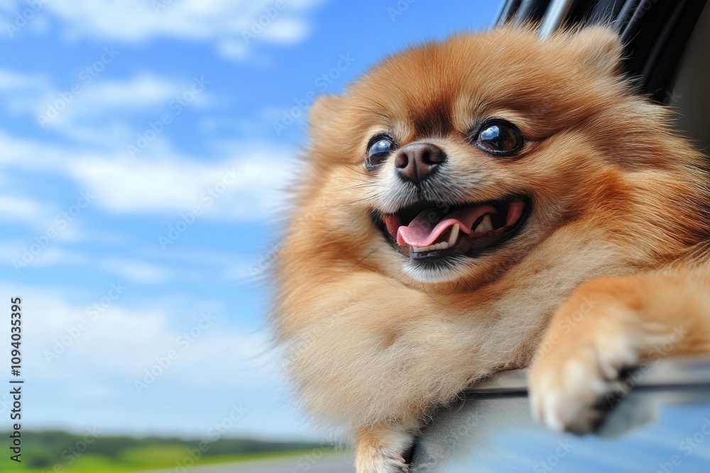 A happy Pomeranian dog enjoying a car ride with its head out the window. A happy Pomeranian dog enjoying a car ride with its head out the window.