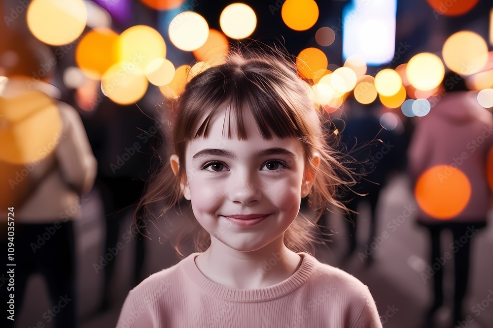 Cute Girl Staring at Camera, Bokeh Lights in the Background at Night