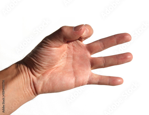 Gesture of the number three on a white background
