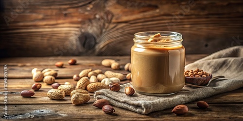 A jar of creamy nut butter sits on a rustic wooden table surrounded by shelled nuts and hazelnuts