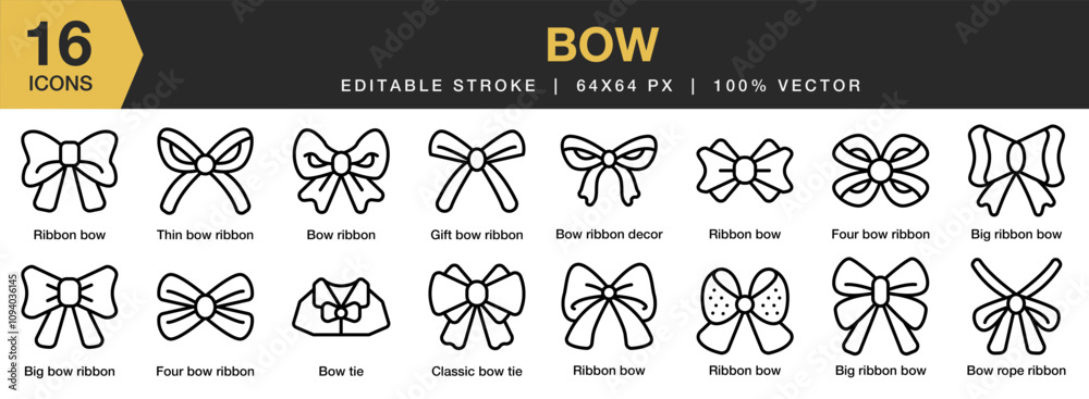 Fototapeta premium Bow icon set. Editable Stroke Icon Collection. Includes Ribbon, Bow, Ornament, Fashion, Christmas, and More. Outline icons vector collection.