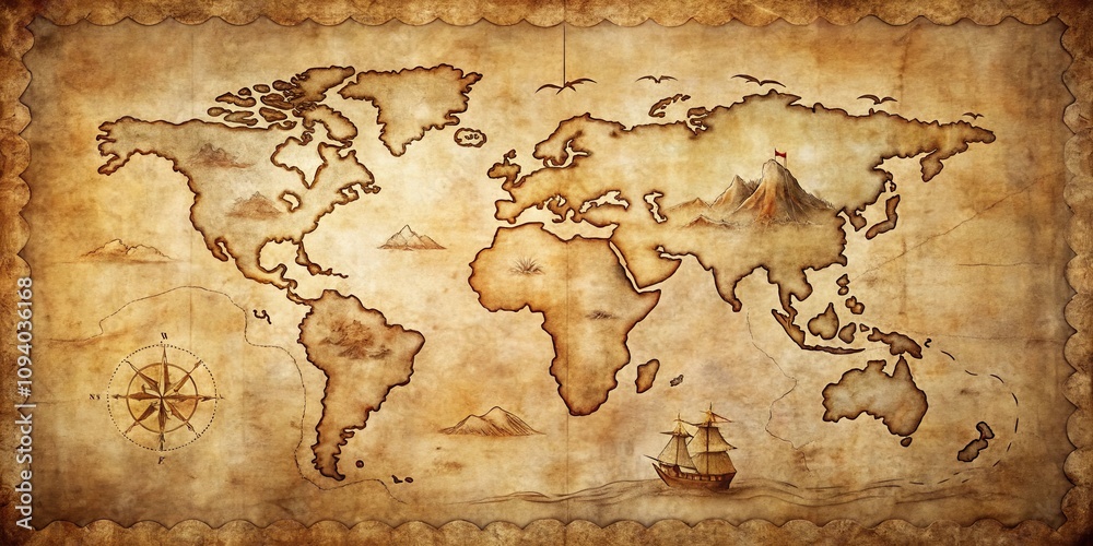 Fototapeta premium Antique World Map Showing Sailing Vessel and Mountain Peak