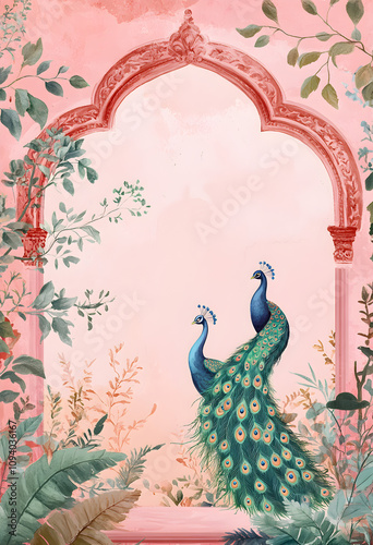 Mughal garden with peacock and floral border frame.