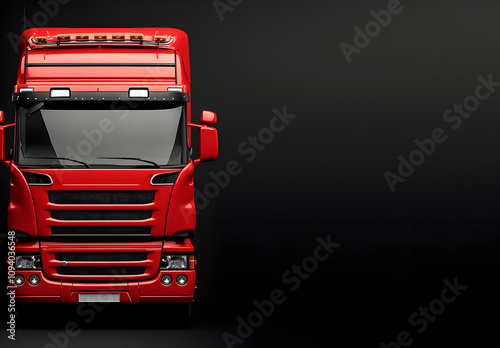 Red modern truck on a dark background. copy spcae photo