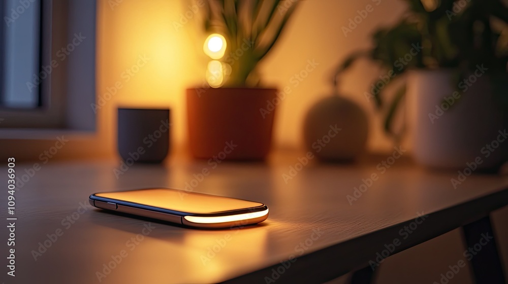 A smartphone on a wireless charger with a soft glowing indicator light, captured in a minimalist home setting. A smartphone on a wireless charger with a soft glowing indicator light, captured in a minimalist home setting.