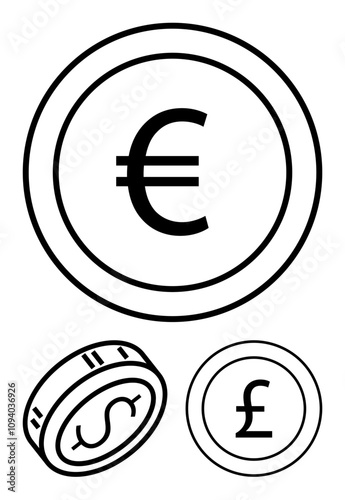 Euro, dollar, and pound currency coins drawn in minimalist black and white line art. Ideal for finance, banking, economics, currency exchange, financial literacy investment and accounting. Line