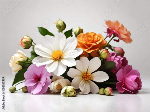 A vibrant bouquet of flowers beautifully arranged on a white background.