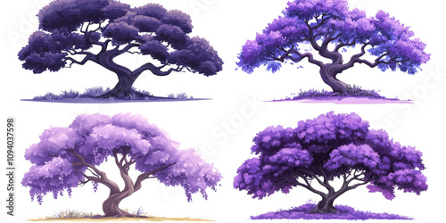 Majestic purple Japanese tree with big leaves, vector illustration on white background,