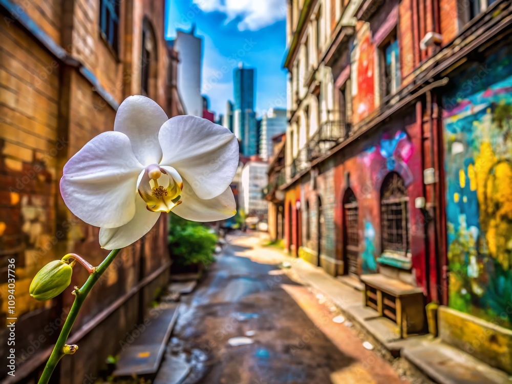 Fototapeta premium Stunning Urban Exploration Photography of a White Orchid Flower with Vanilla Bean Stem Against a Gritty City Backdrop Highlighting Nature's Beauty Amidst Urban Chaos