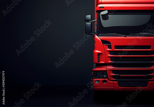 Red modern truck on a dark background. copy spcae photo