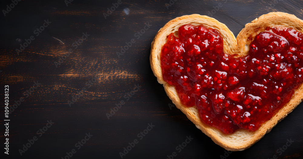Heart-shaped toast with raspberry jam sits on a dark wood surface Heart-shaped toast with raspberry jam sits on a dark wood surface