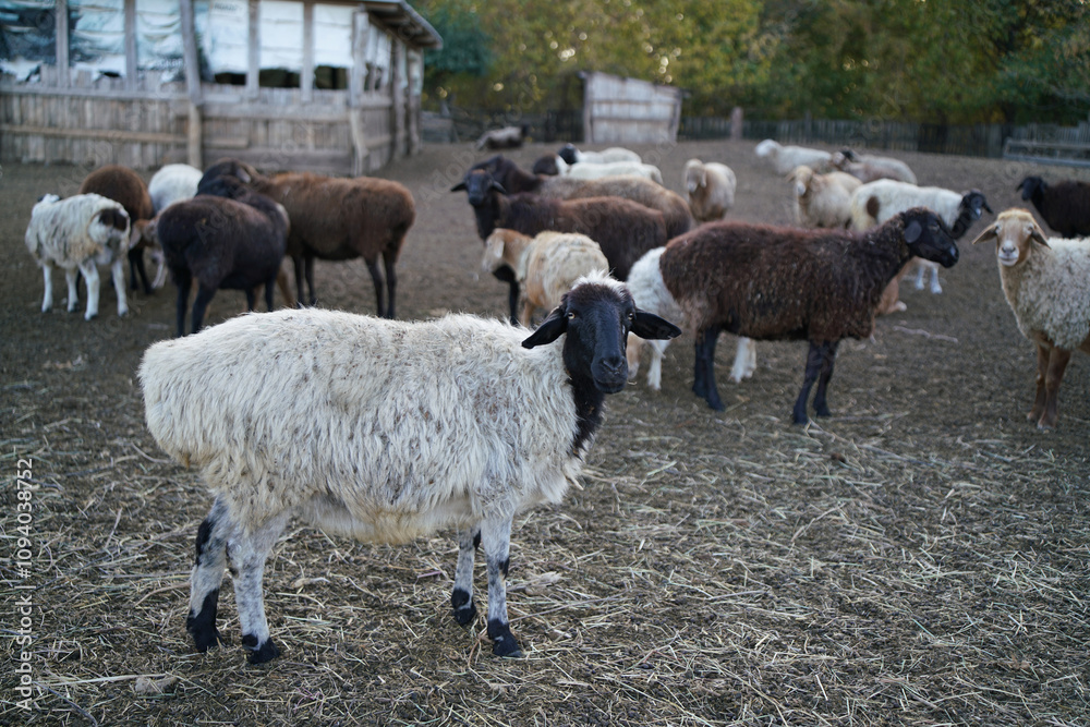 Sheep of various colors wander in a fenced area with a rustic barn and wooden structures in the background during golden hour Sheep of various colors wander in a fenced area with a rustic barn and wooden structures in the background during golden hour