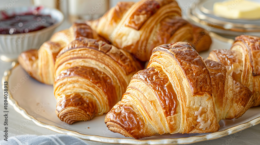 A platter of flaky croissants served with butter and jam, perfect for a leisurely French breakfast or brunch. A platter of flaky croissants served with butter and jam, perfect for a leisurely French breakfast or brunch.