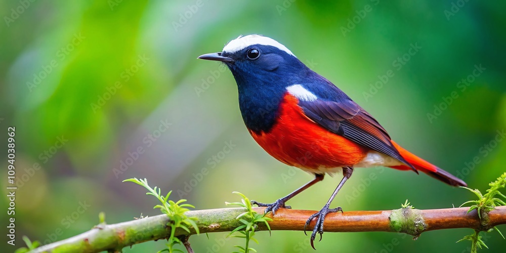 Stunning Whitecapped Water Redstart Chaimarrornis Leucocephalus Resting Gracefully on a Branch Amidst Lush Nature, Capturing the Beauty of Avian Wildlife in Its Natural Habitat Stunning Whitecapped Water Redstart Chaimarrornis Leucocephalus Resting Gracefully on a Branch Amidst Lush Nature, Capturing the Beauty of Avian Wildlife in Its Natural Habitat