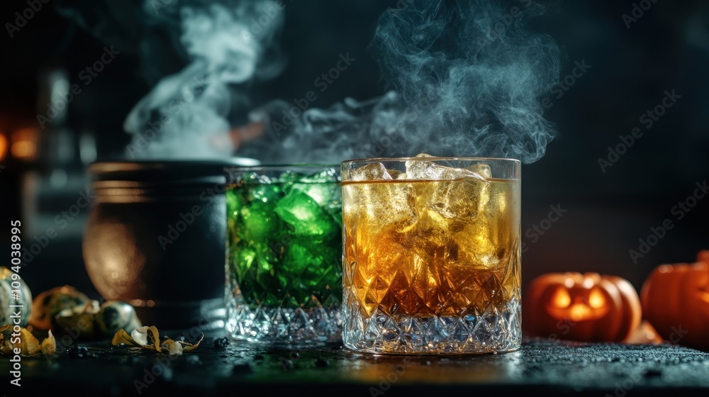 Two crystal glasses with colorful drinks and smoke, set against a Halloween-themed background.