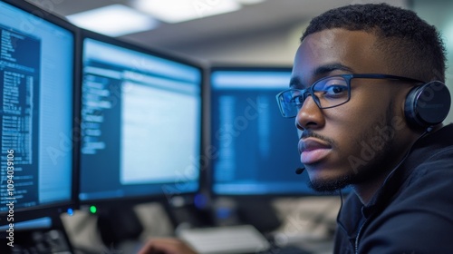 Tech professional working with multiple monitors in a modern office focus on coding urban environment close-up view innovation