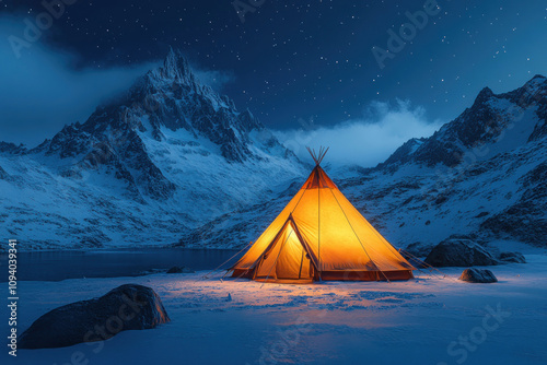 A tent with bright internal lighting, set up on a snowy plain in a mountainous landscape.  photo