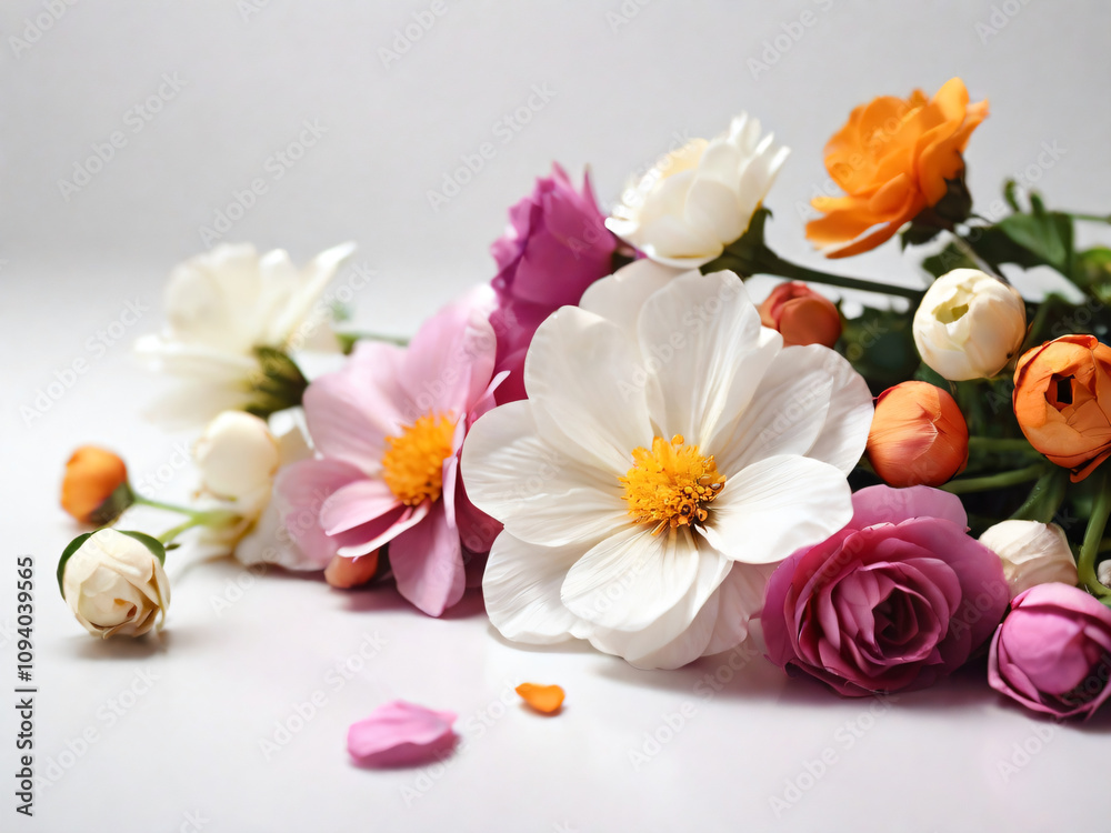 A vibrant bouquet of flowers beautifully arranged on a white background. A vibrant bouquet of flowers beautifully arranged on a white background.