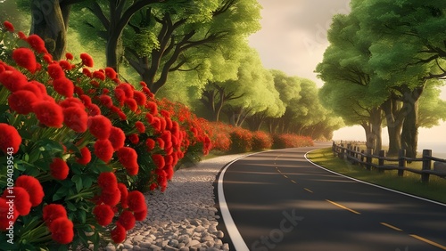 /imagine: A scenic road with flourishing red flowers stretching along both sides, surrounded by tall trees and glowing under the soft light of a cloudy afternoon. --ar 3:2 --v 4 photo