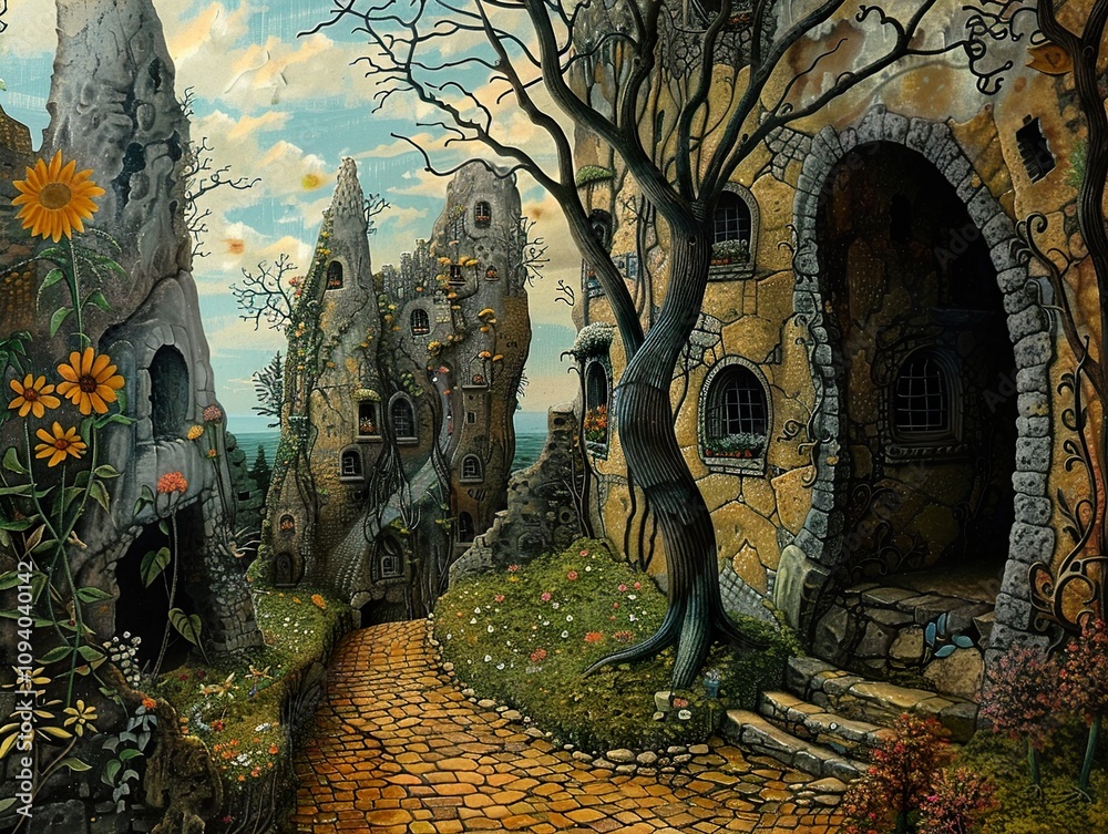 Obraz premium Enchanted Stone Buildings: A Whimsical Journey Through a Fantasy Landscape