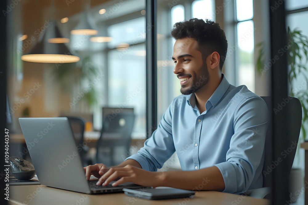 Portrait Of Smiling Middle Eastern Male Manager Working On Laptop Computer In Modern Office, Cheerful Guy Sitting At Desk And Using Pc, Looking At Screen Typing On Keyboard, Enjoying Remote Job